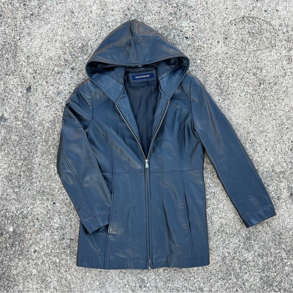 Dockers 100% Black Leather Hooded Jacket - Picture 2 of 6